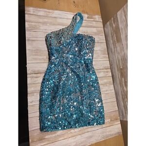 Tony Bowls‎ Blue Sequin One Shoulder Embellished Party Dress Size 2 Prom READ